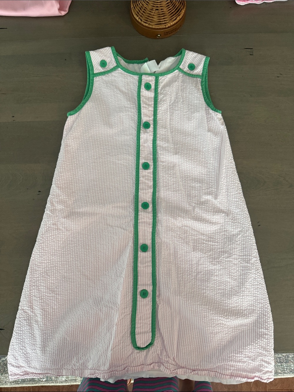 bella bliss pink and white Seersucker dress with Green Trim